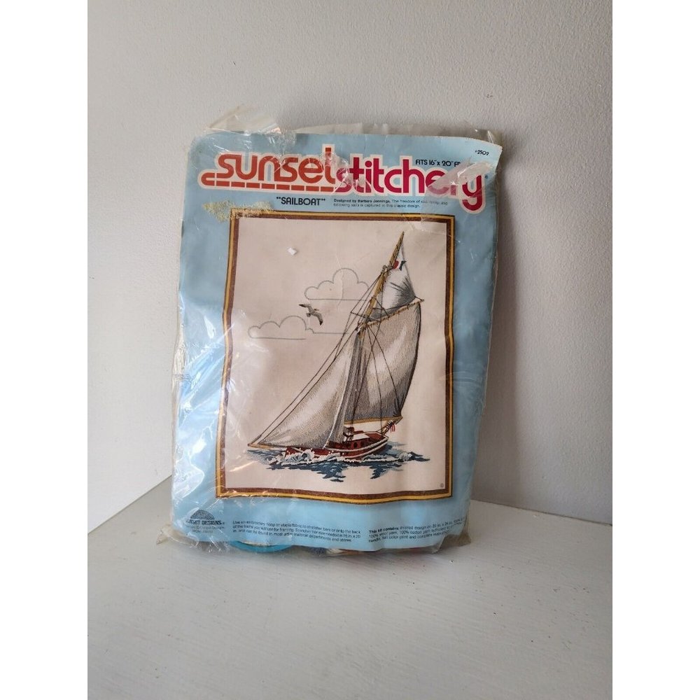 Vintage 1978 Sunset Stitchery Crewel Embroidery Kit SAILBOAT #2502